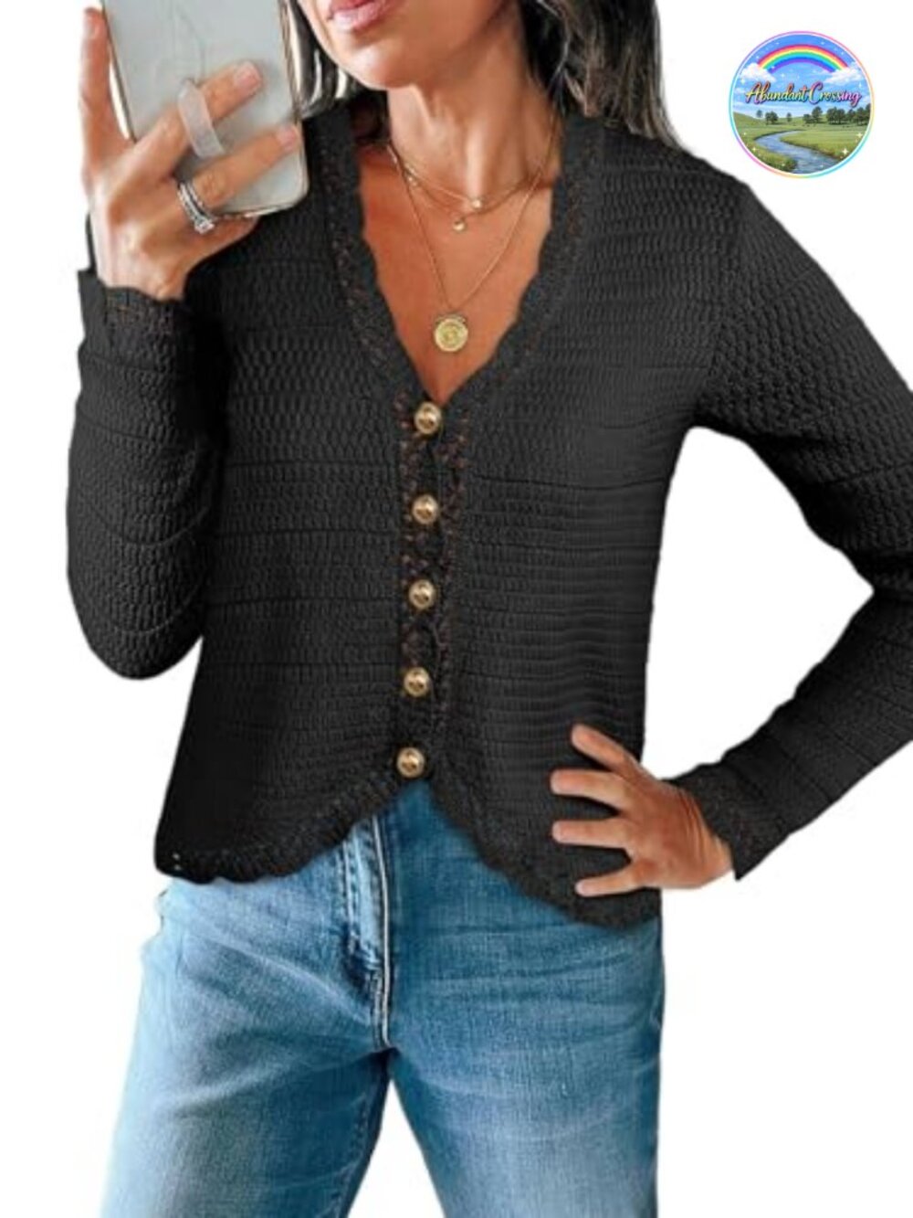 Women's Cropped V-Neck Cardigan Sweater Boho Knit Button Down Long Sleeve Fall